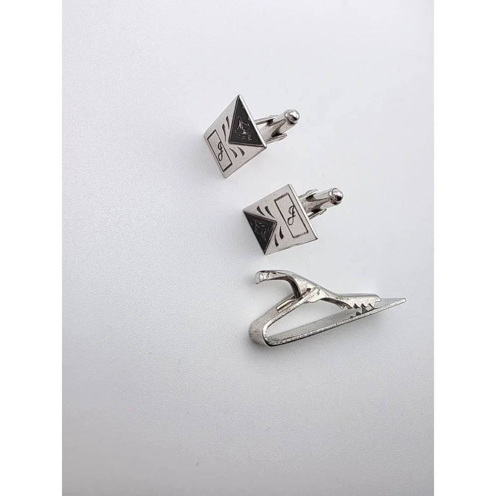 Vintage KREISLER USA Cufflinks‎ Tie Clip/Bar Set 925 Sterling Silver & Black